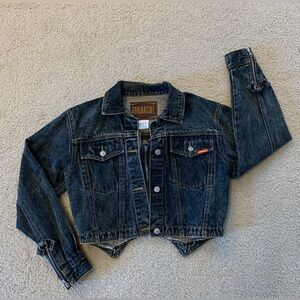 Vintage Jordache Women's Dark Wash Cropped Denim Jacket with Bows and Zippers
